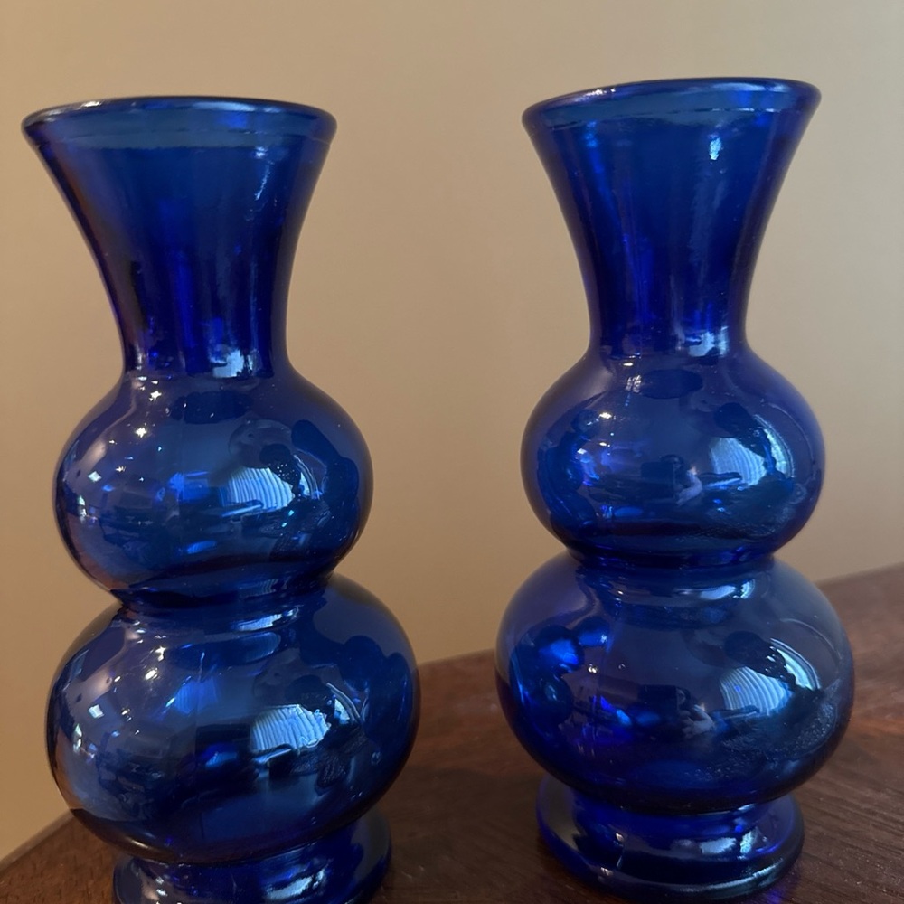 Vintage Cobalt Blue Double Bubble Glass Vases 6" Made In USA